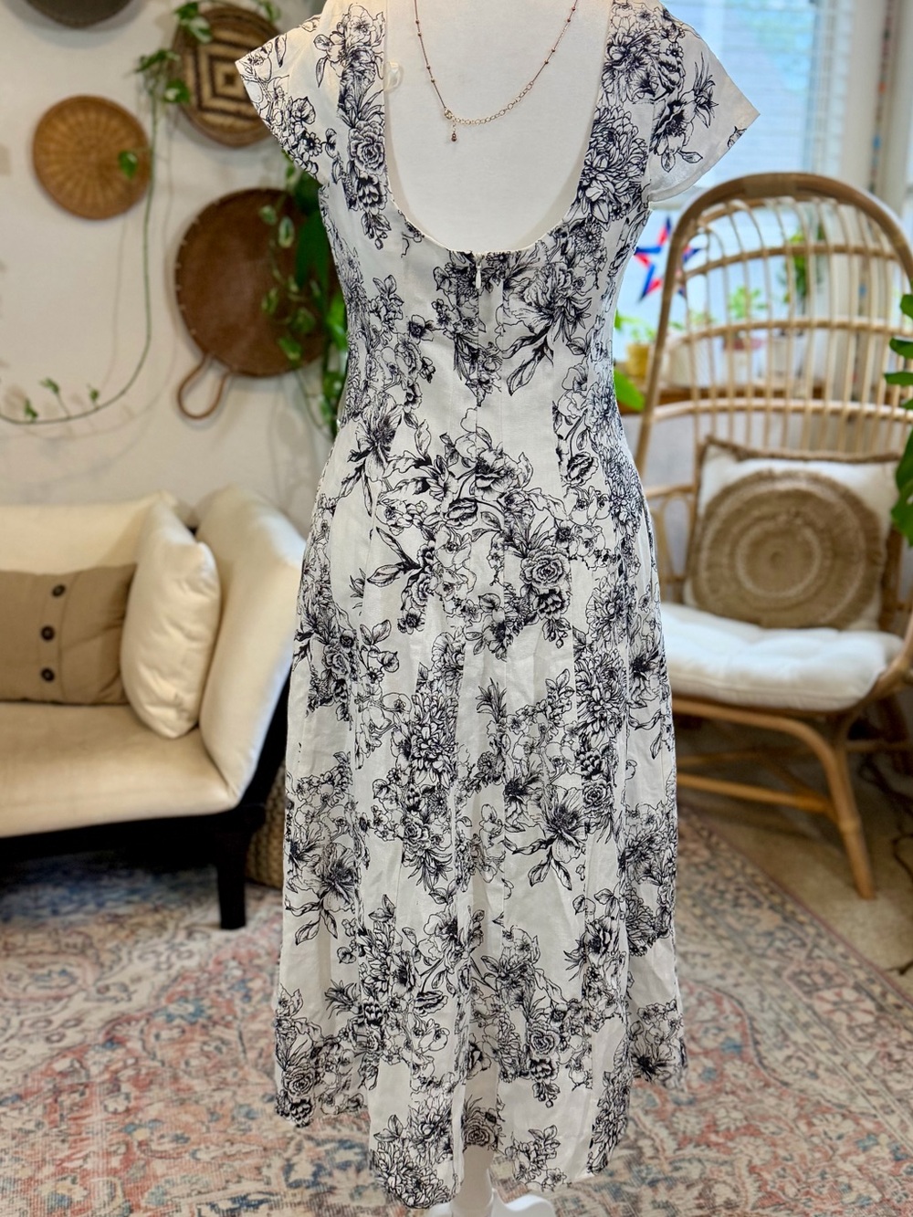Linen Blend Bagatelle Artsy Boho Euro Summer White Black Floral Midi SunDress 6 - Picture 7 of 12